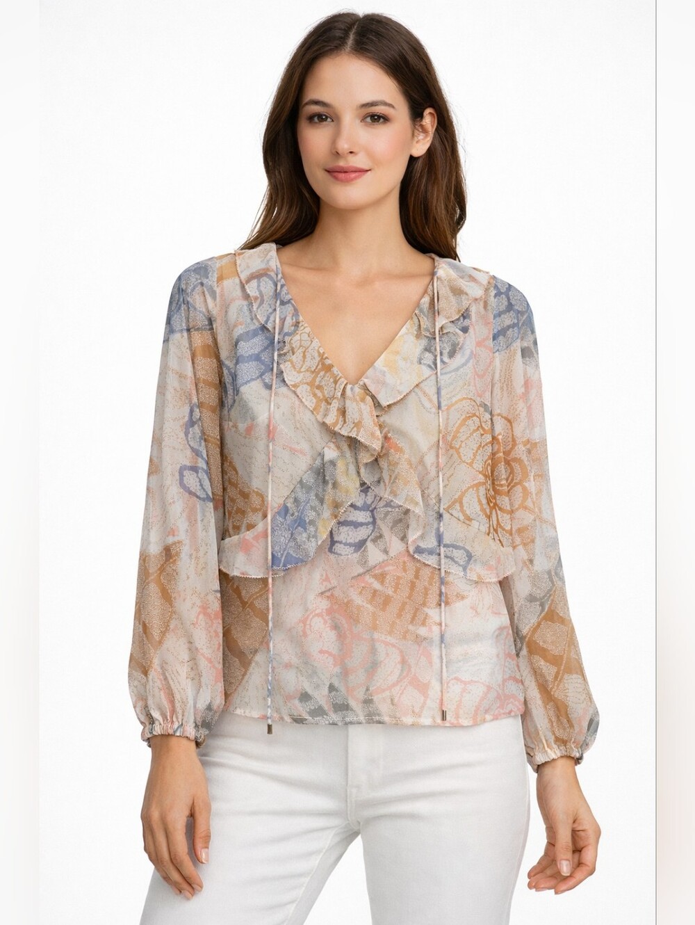 WHBM Floral V-Neck Ruffle Long Sleeve Blouse Size XXS